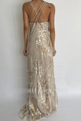 Champagne spaghetti straps applique mermaid evening dress