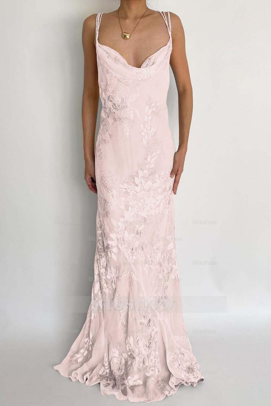 Pink spaghetti straps applique mermaid evening dress