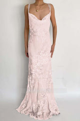 Pink spaghetti straps applique mermaid evening dress