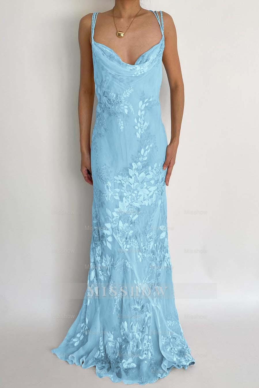 Light blue spaghetti straps applique mermaid evening dress
