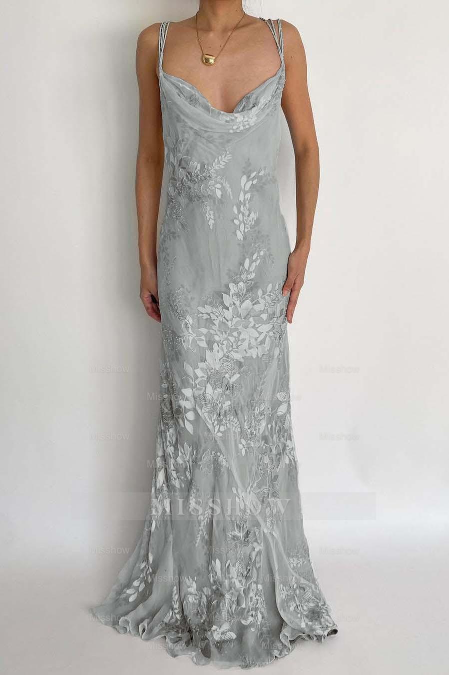 Light grey spaghetti straps applique mermaid evening dress