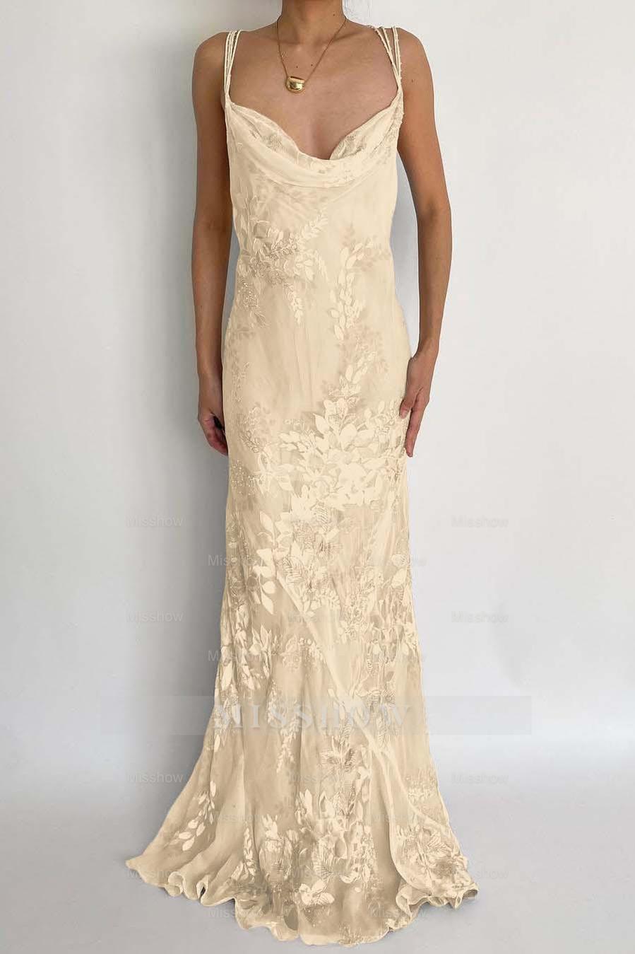 Champagne spaghetti straps applique mermaid evening dress