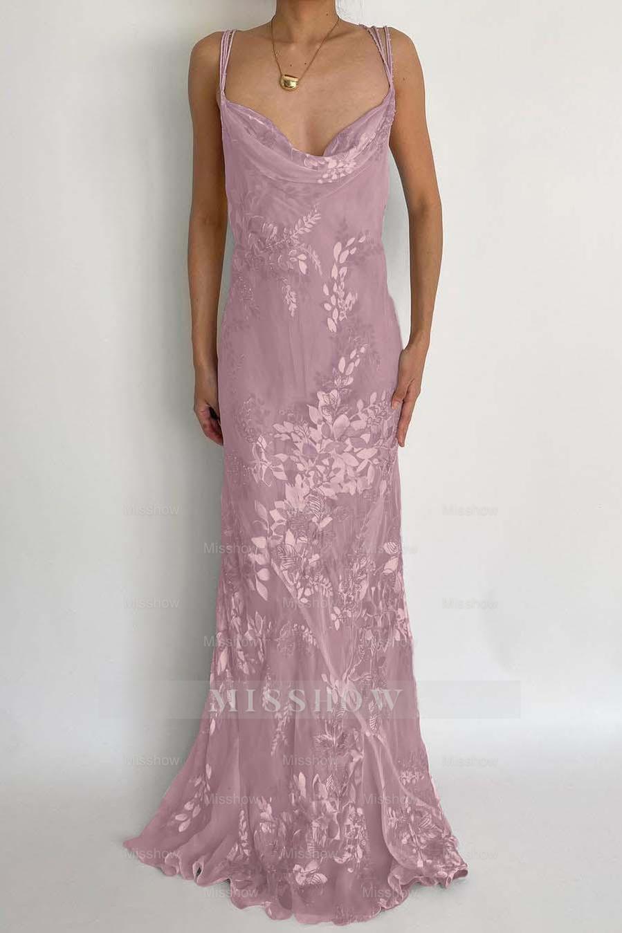 Dusty rose spaghetti straps applique mermaid evening dress