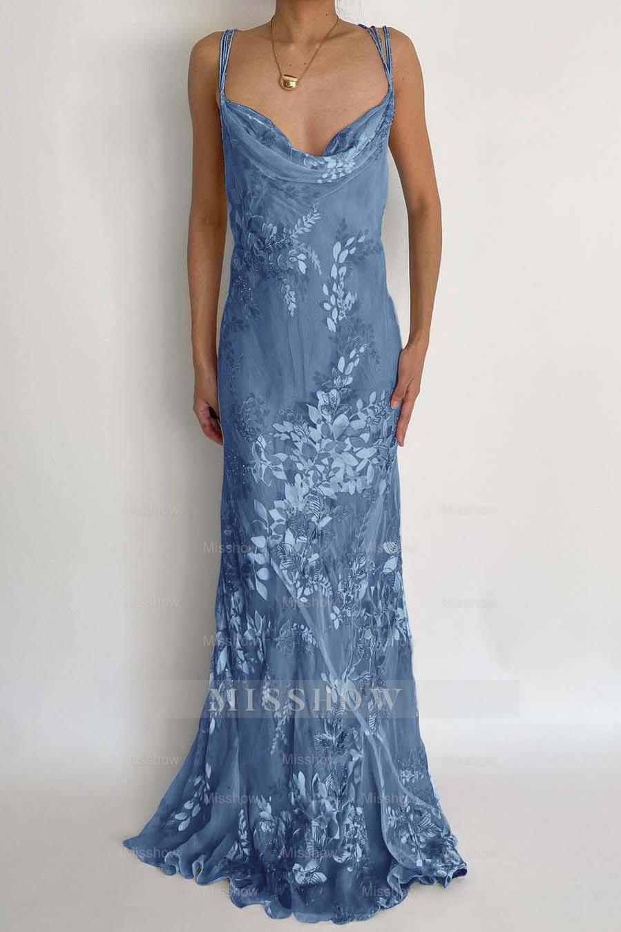 Dusty blue spaghetti straps applique mermaid evening dress