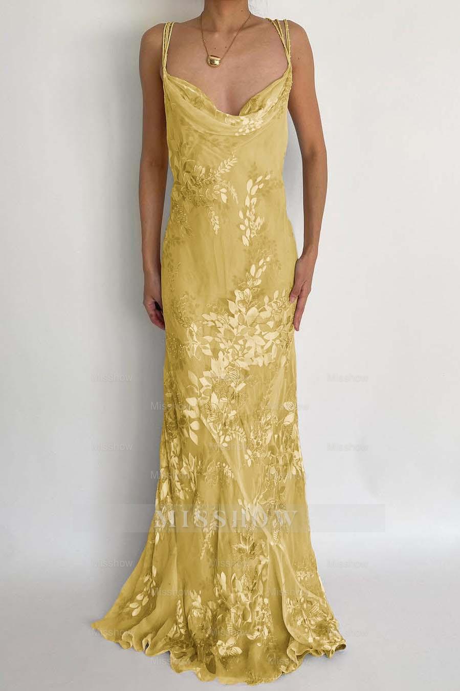 Yellow spaghetti straps applique mermaid evening dress
