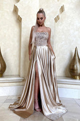 Champagne Spaghetti Straps Lace Applique A-Line Satin Front Slit Floor Formal Evening Gown