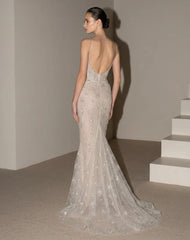 Champagne Spaghetti Straps Long Mermaid Evening Dress Beaded Sequin Open Back Formal Gown