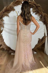 Champagne Spaghetti Straps V-Neck Beaded Mermaid Sequined Floor Length Formal Evening Gown