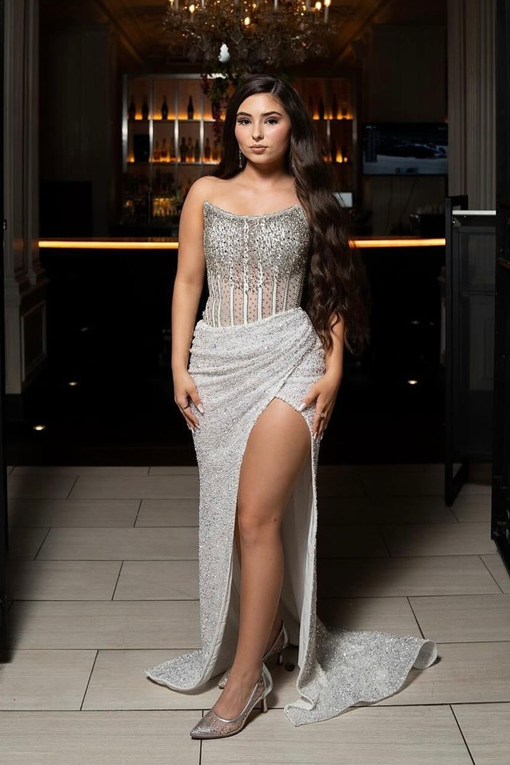 Champagne Sparkle Strapless Long Corset Dress with Sequins and Beading