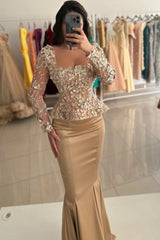 Champagne Square Long Sleeve Appliques Beaded Peplum Mermaid Floor Formal Evening Gown