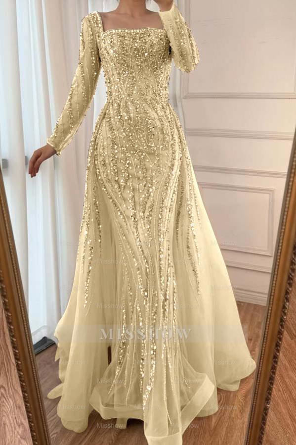 Champagne Square Long Sleeve Beaded Mermaid Tulle Floor Length Formal Evening Dress