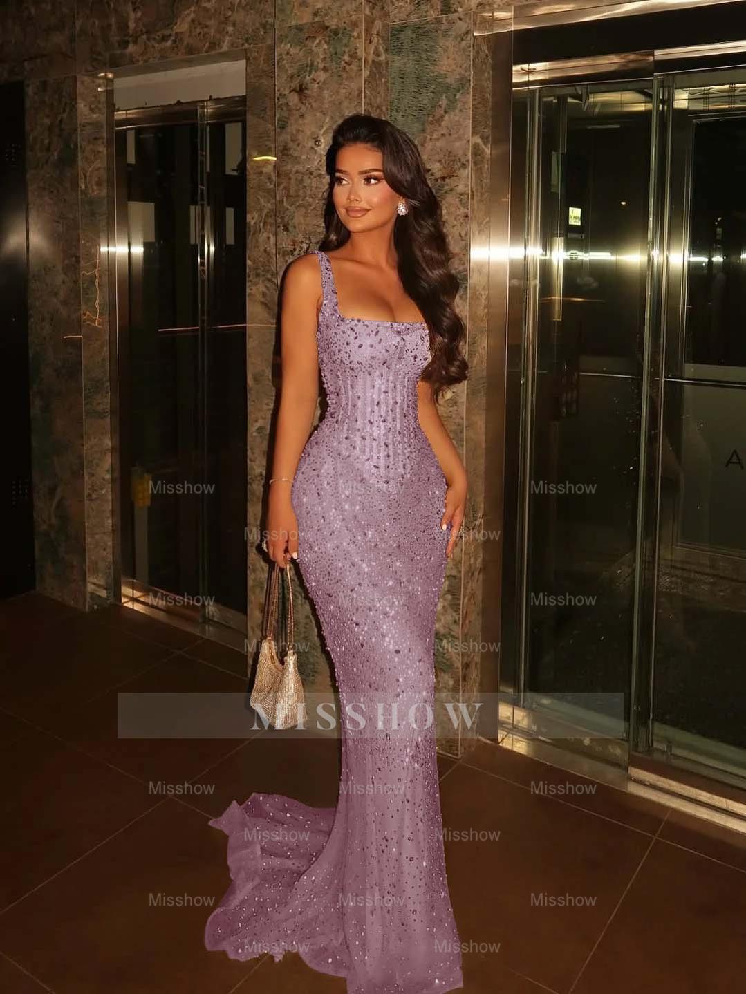 Champagne Square Spaghetti Strap Sleeveless Sequin Mermaid Floor Formal Evening Dress