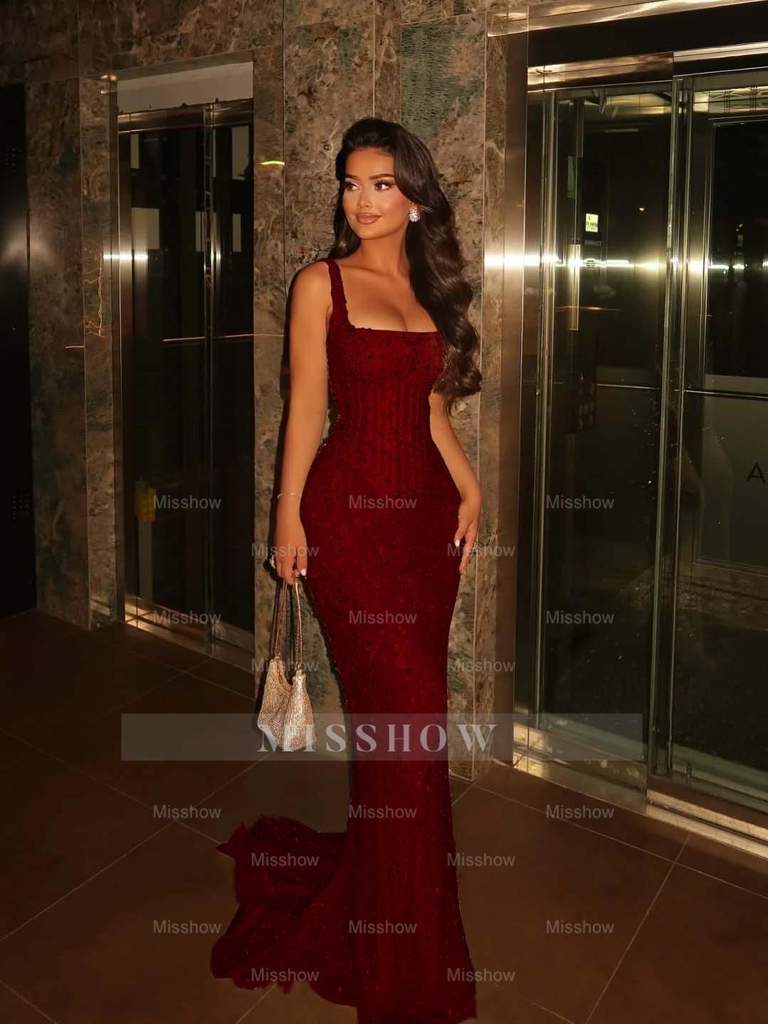 Champagne Square Spaghetti Strap Sleeveless Sequin Mermaid Floor Formal Evening Dress