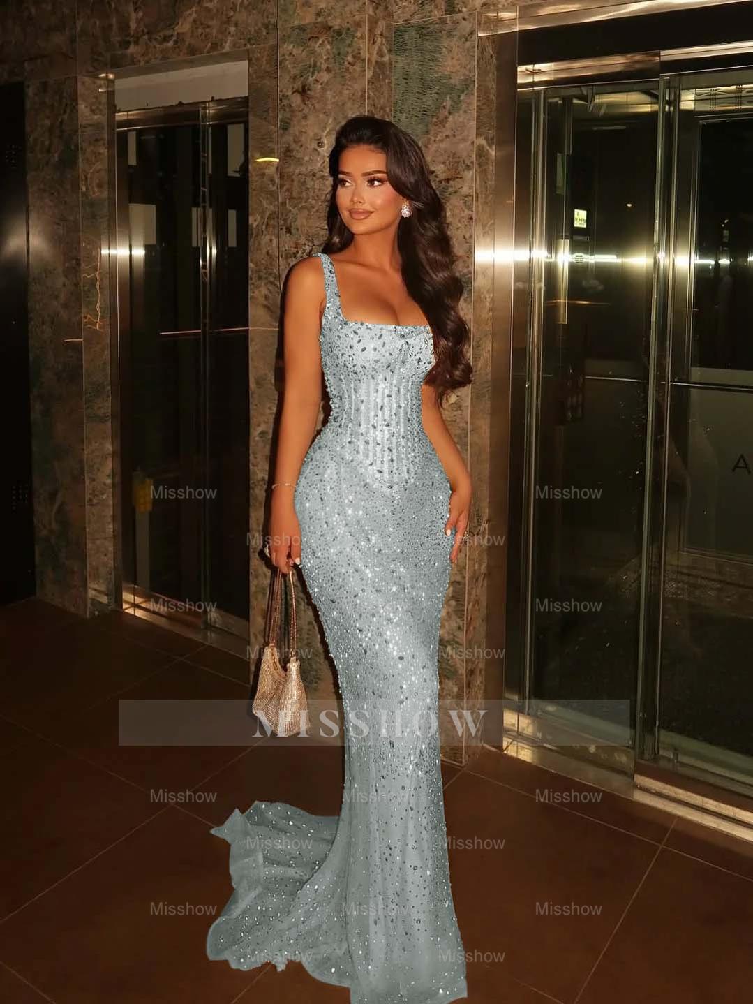 Champagne Square Spaghetti Strap Sleeveless Sequin Mermaid Floor Formal Evening Dress
