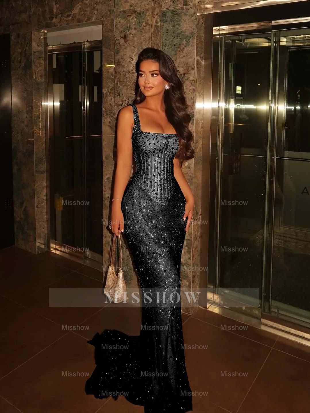Champagne Square Spaghetti Strap Sleeveless Sequin Mermaid Floor Formal Evening Dress