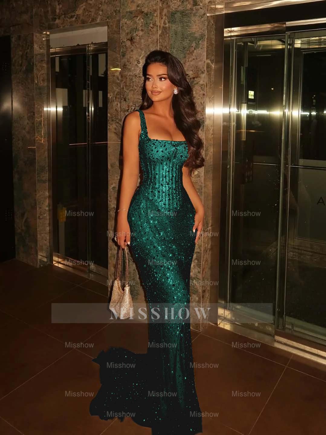 Champagne Square Spaghetti Strap Sleeveless Sequin Mermaid Floor Formal Evening Dress