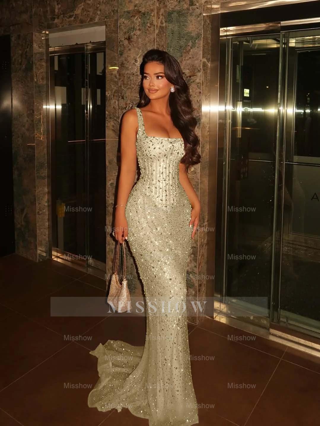Champagne Square Spaghetti Strap Sleeveless Sequin Mermaid Floor Formal Evening Dress