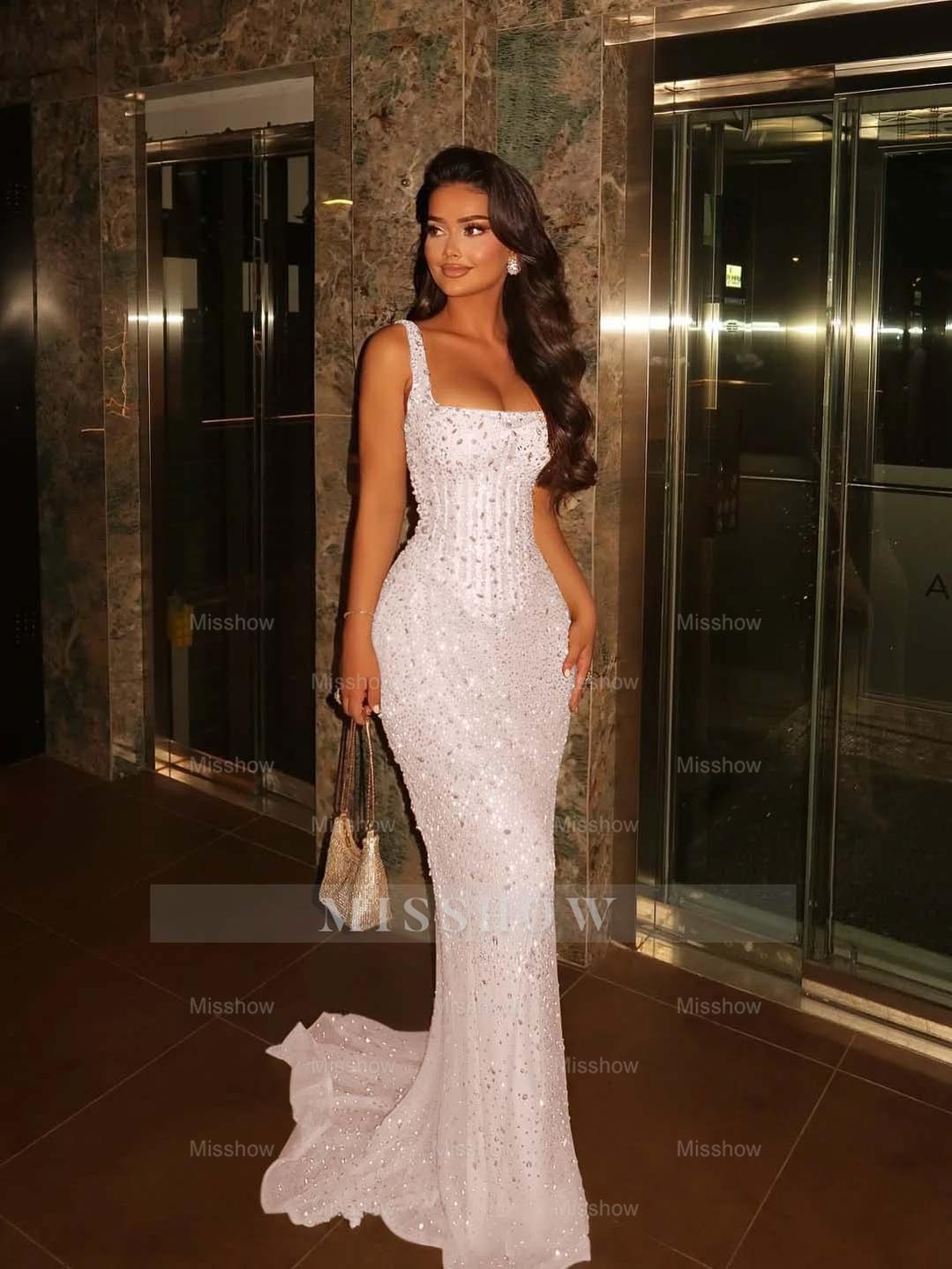 Champagne Square Spaghetti Strap Sleeveless Sequin Mermaid Floor Formal Evening Dress