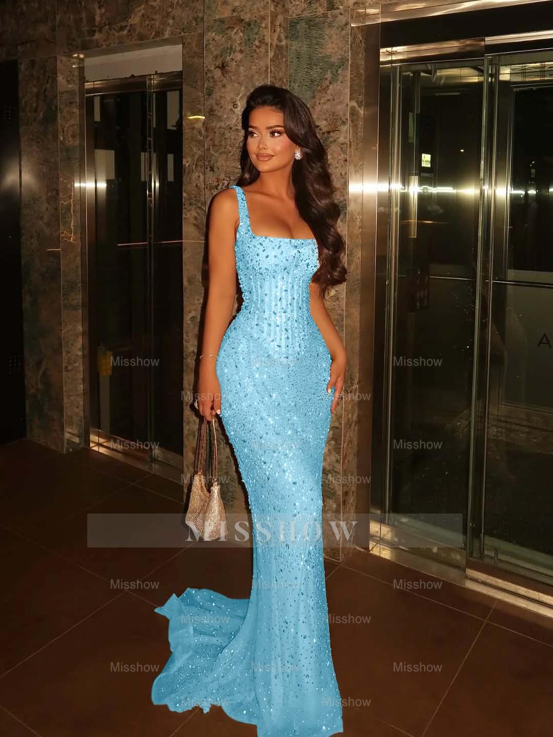 Champagne Square Spaghetti Strap Sleeveless Sequin Mermaid Floor Formal Evening Dress