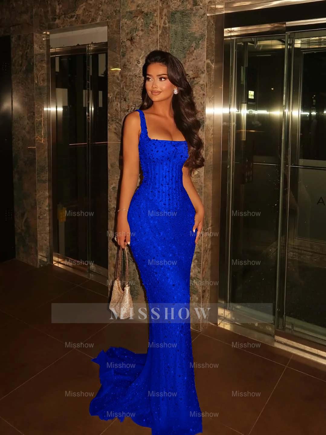 Champagne Square Spaghetti Strap Sleeveless Sequin Mermaid Floor Formal Evening Dress
