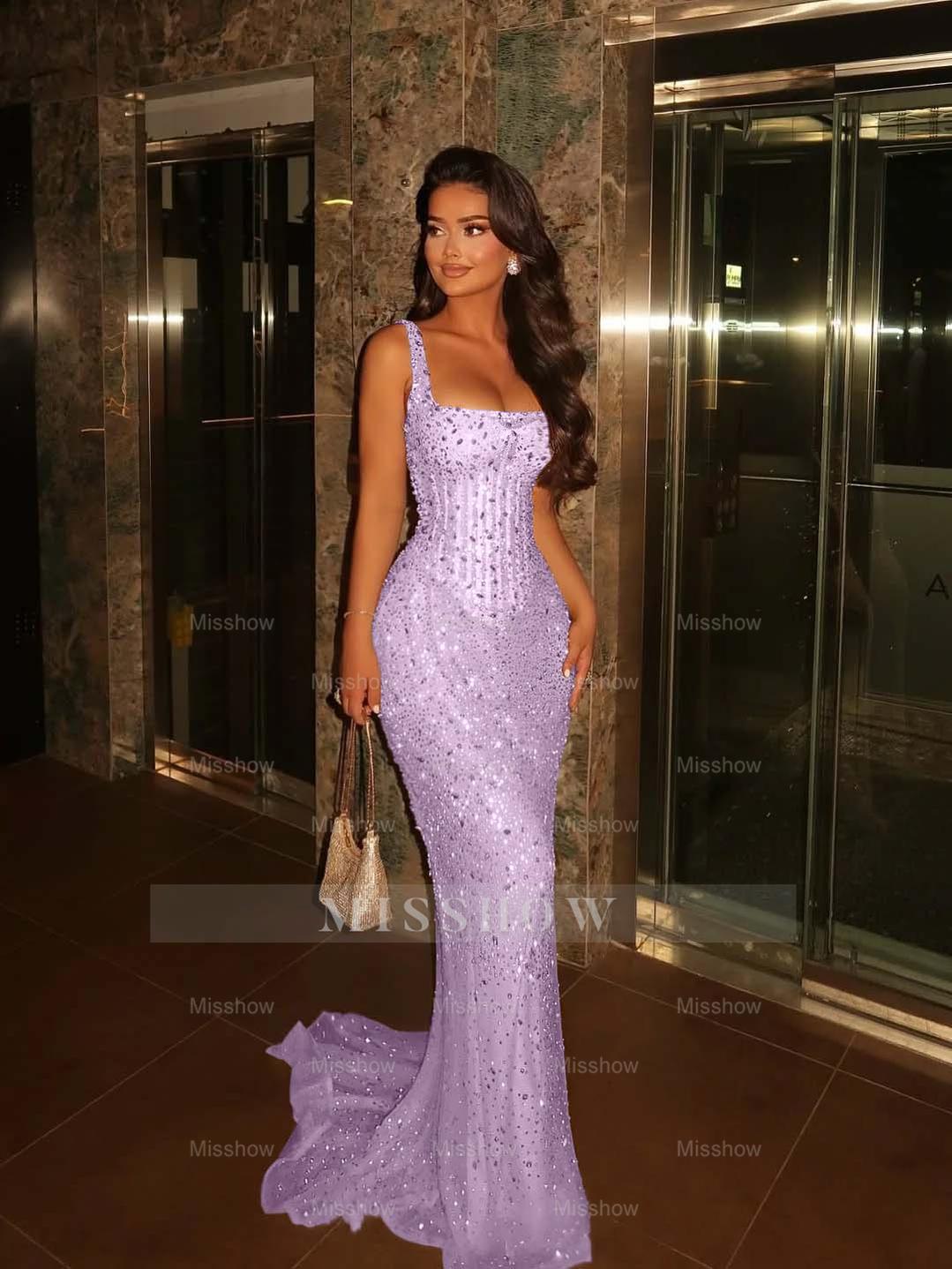 Champagne Square Spaghetti Strap Sleeveless Sequin Mermaid Floor Formal Evening Dress