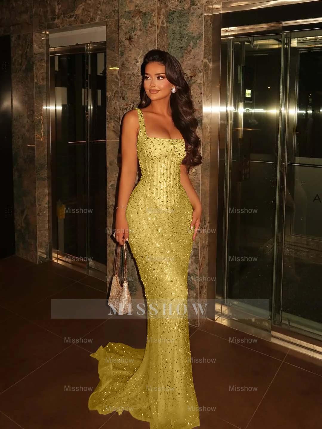 Champagne Square Spaghetti Strap Sleeveless Sequin Mermaid Floor Formal Evening Dress