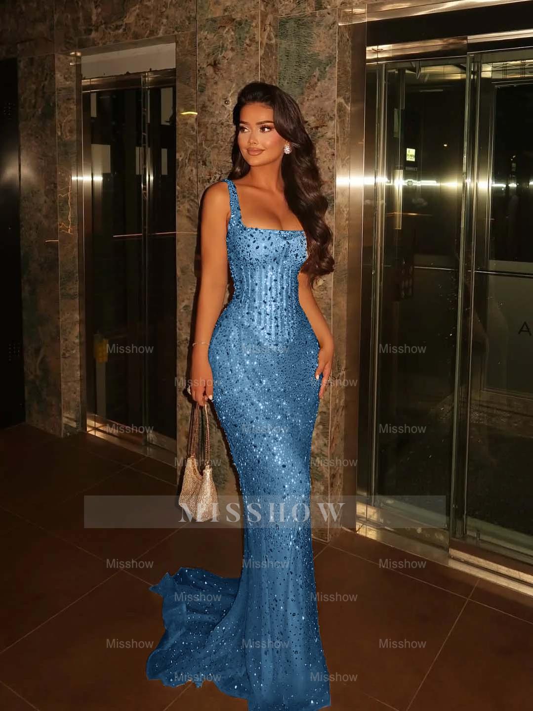 Champagne Square Spaghetti Strap Sleeveless Sequin Mermaid Floor Formal Evening Dress