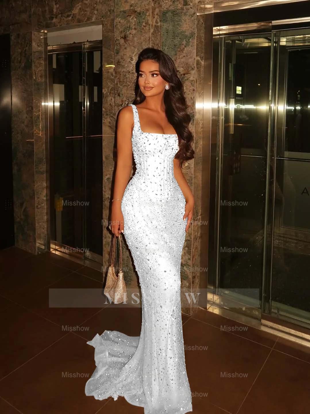 Champagne Square Spaghetti Strap Sleeveless Sequin Mermaid Floor Formal Evening Dress