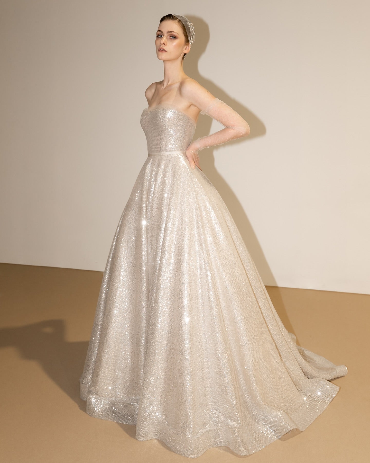 Champagne Strapless Long Ball Gown Sequined Glitter Open Back Formal Evening Dress