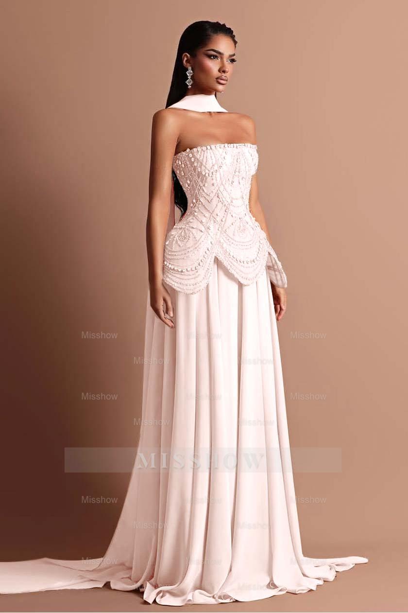 Champagne Strapless Sleeveless Beaded High Neck A-Line Floor Length Formal Evening Gown