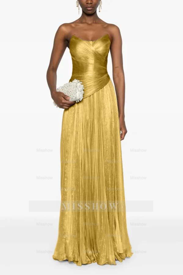 Champagne Strapless Sleeveless Sweetheart A-Line Satin Pleated Floor Formal Evening Gown