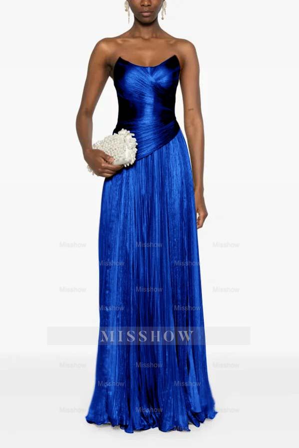 Champagne Strapless Sleeveless Sweetheart A-Line Satin Pleated Floor Formal Evening Gown