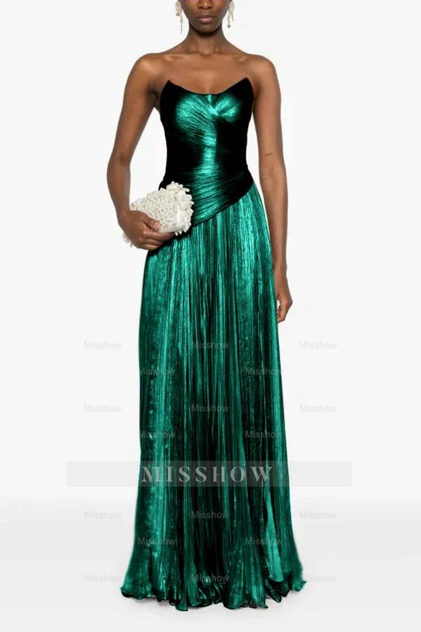 Champagne Strapless Sleeveless Sweetheart A-Line Satin Pleated Floor Formal Evening Gown