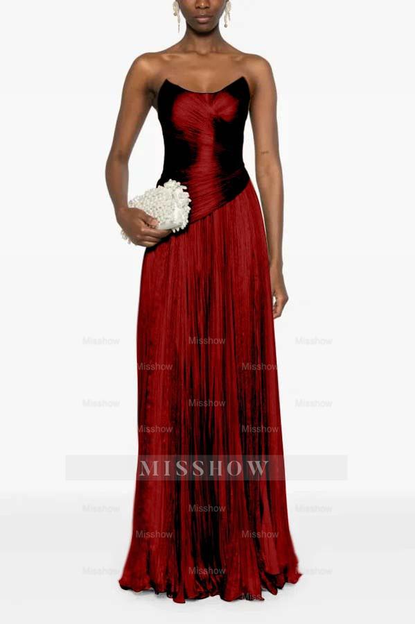 Champagne Strapless Sleeveless Sweetheart A-Line Satin Pleated Floor Formal Evening Gown