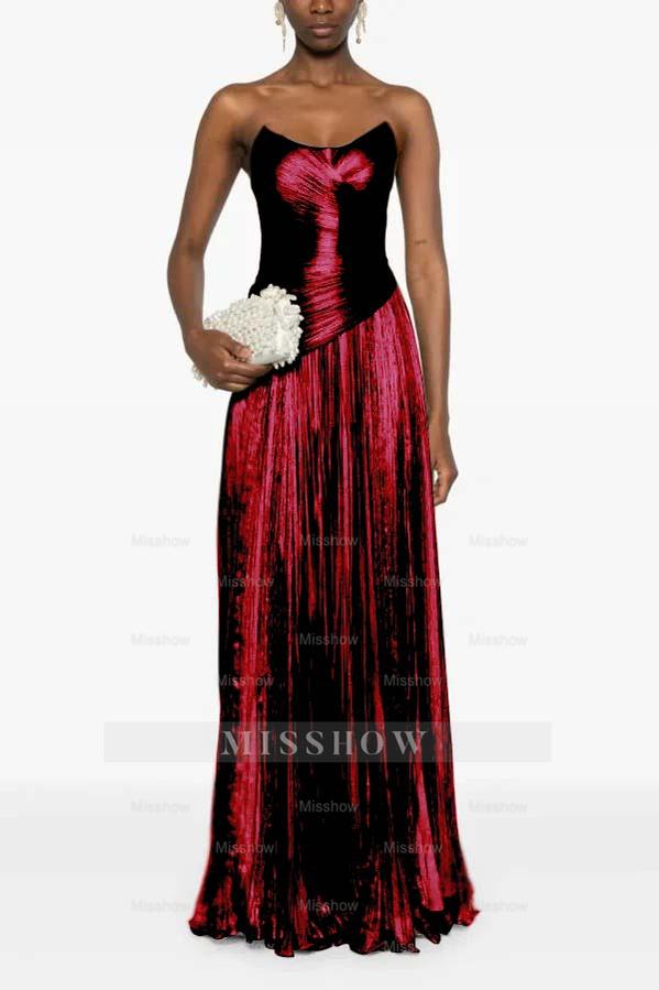 Champagne Strapless Sleeveless Sweetheart A-Line Satin Pleated Floor Formal Evening Gown