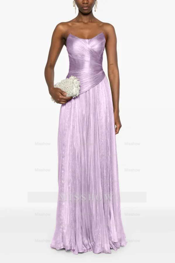 Champagne Strapless Sleeveless Sweetheart A-Line Satin Pleated Floor Formal Evening Gown