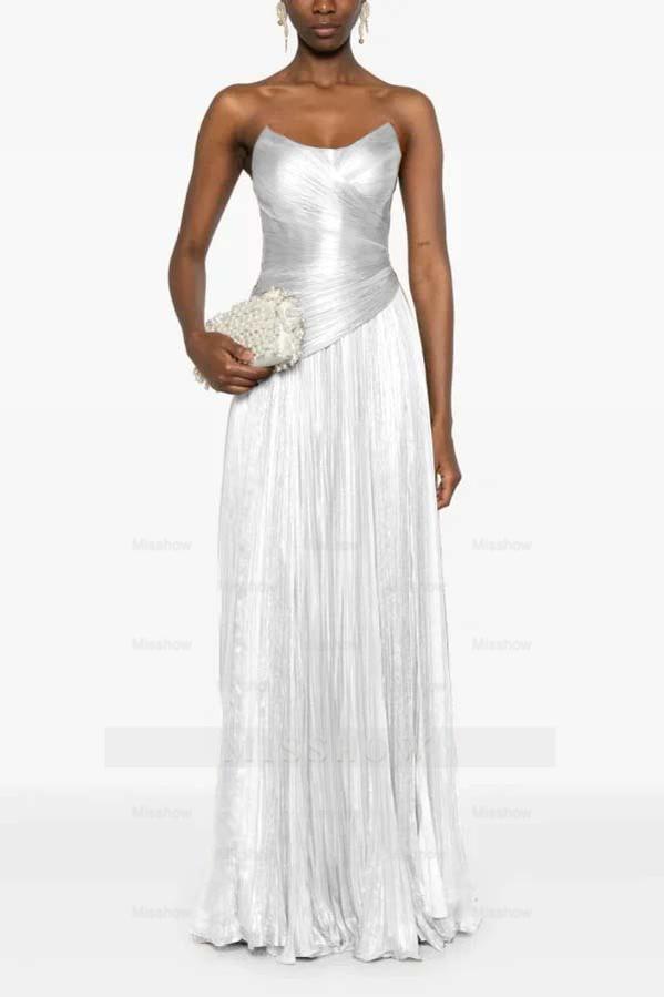 Champagne Strapless Sleeveless Sweetheart A-Line Satin Pleated Floor Formal Evening Gown