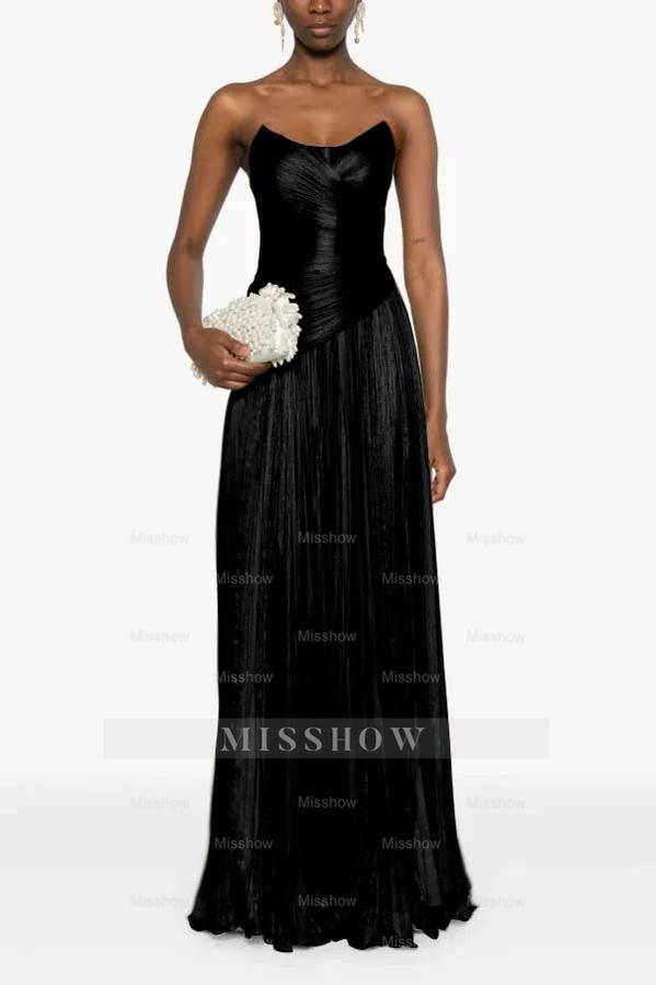 Champagne Strapless Sleeveless Sweetheart A-Line Satin Pleated Floor Formal Evening Gown