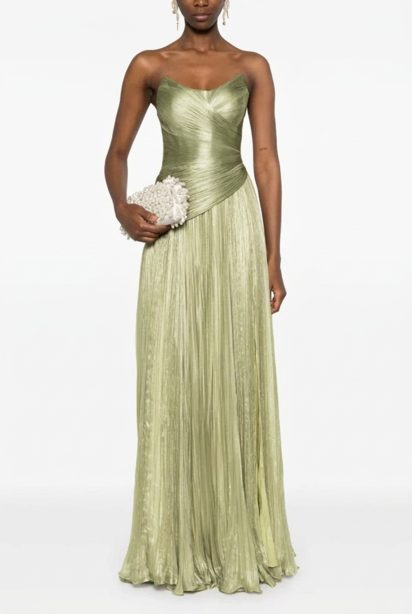 Sage sweetheart pleated A-line evening dress