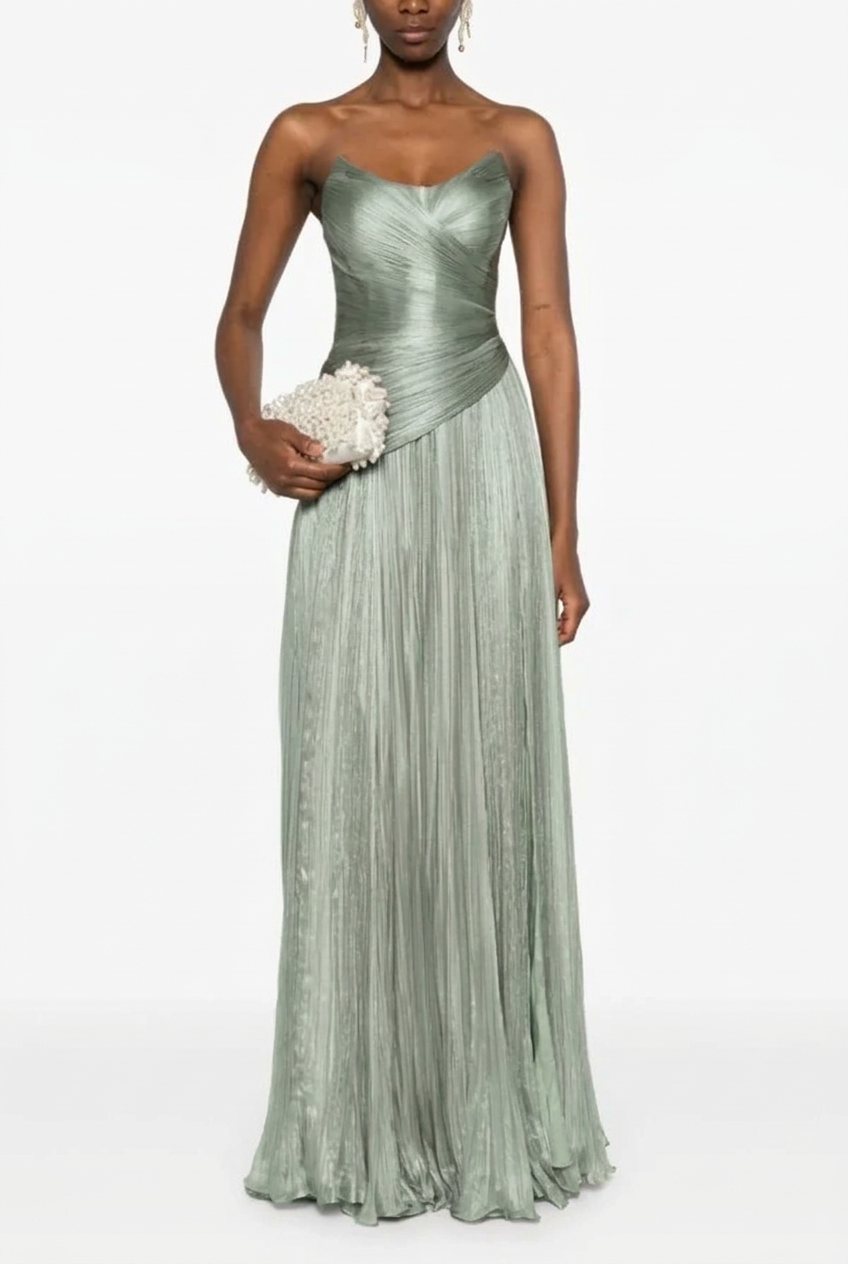 Dusty sage sweetheart pleated A-line evening dress