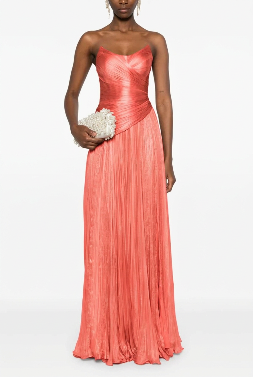 Coral sweetheart pleated A-line evening dress