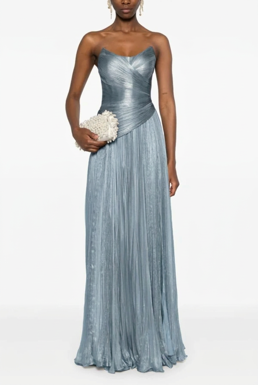 Dusty blue sweetheart pleated A-line evening dress