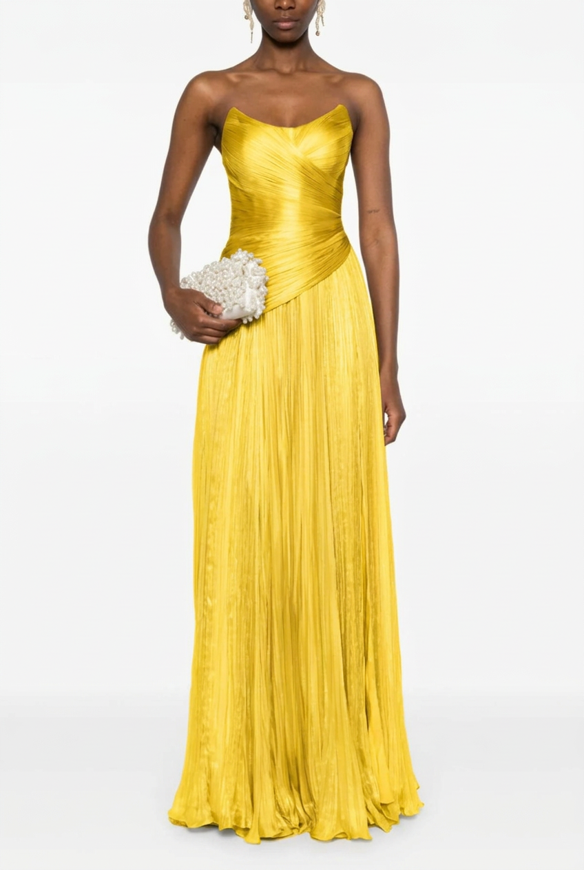 Yellow sweetheart pleated A-line evening dress