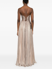 Champagne Strapless Sleeveless Sweetheart A-Line Satin Pleated Floor Formal Evening Gown