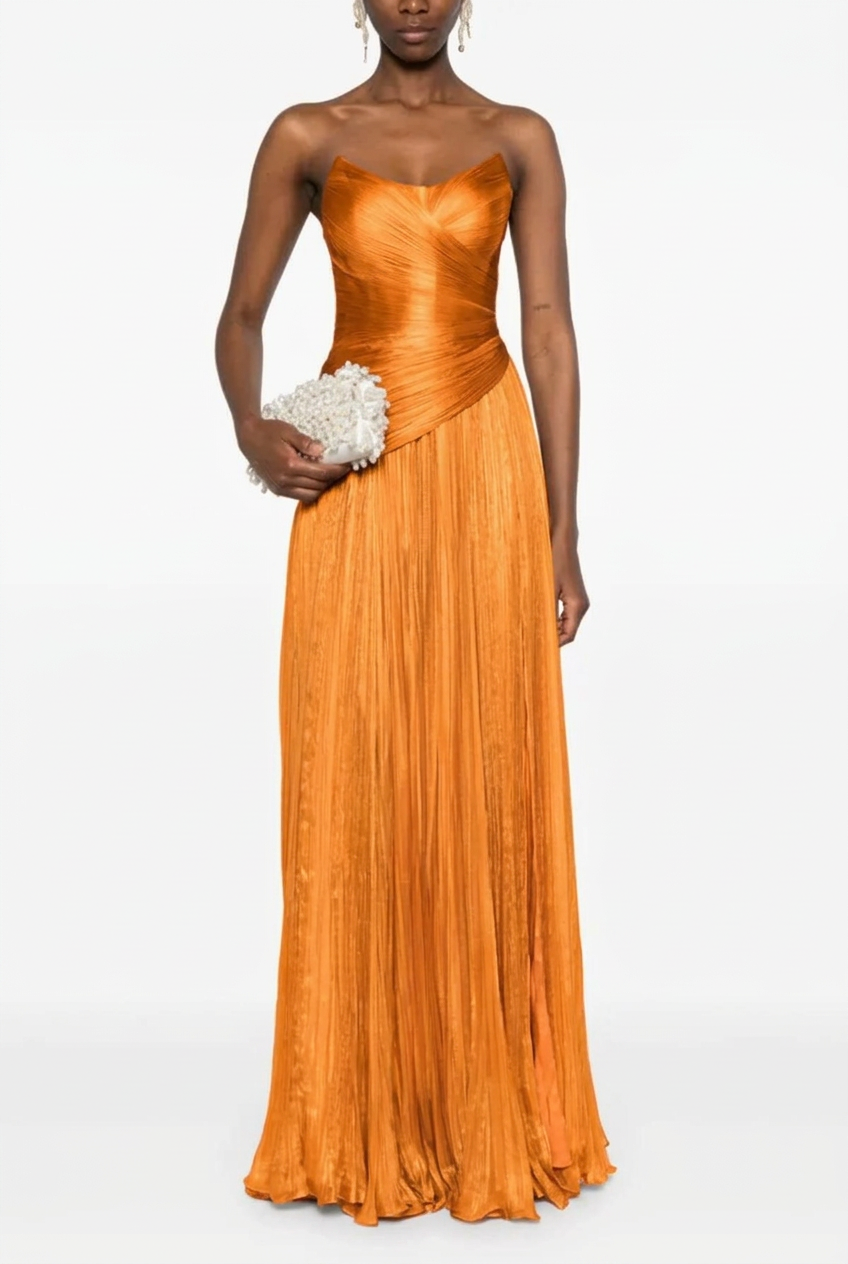 Orange sweetheart pleated A-line evening dress