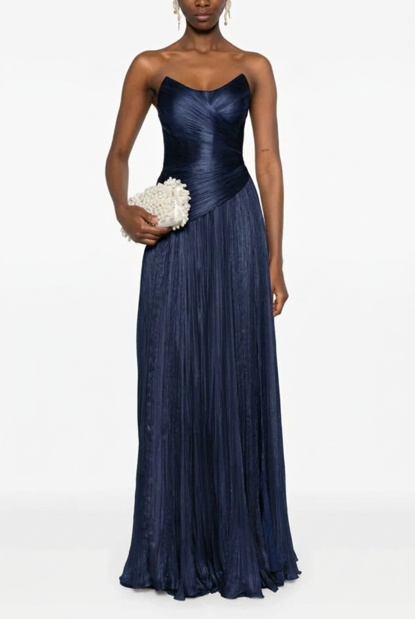 Dark navy sweetheart pleated A-line evening dress