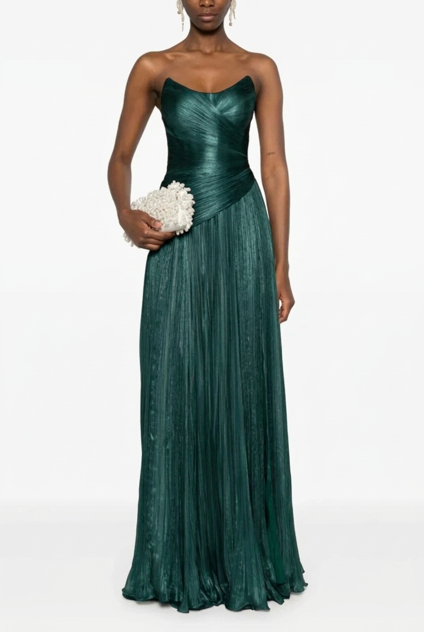 Dark green sweetheart pleated A-line evening dress