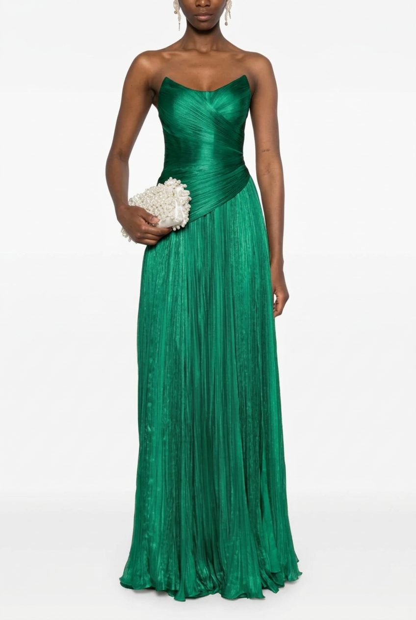 Emerald green sweetheart pleated A-line evening dress