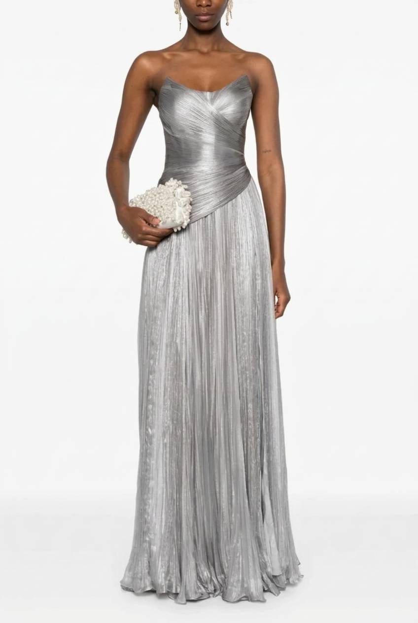 Silver sweetheart pleated A-line evening dress