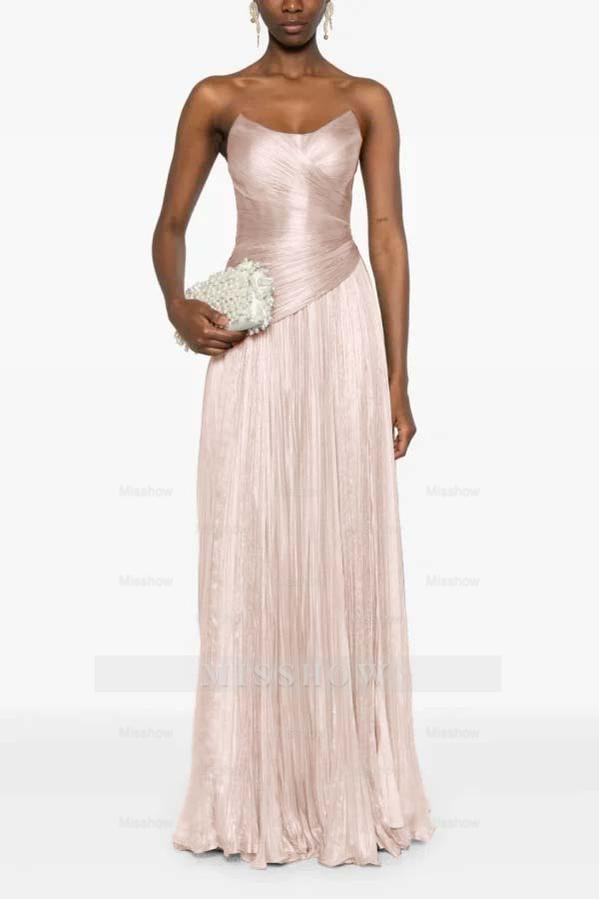 Champagne Strapless Sleeveless Sweetheart A-Line Satin Pleated Floor Formal Evening Gown